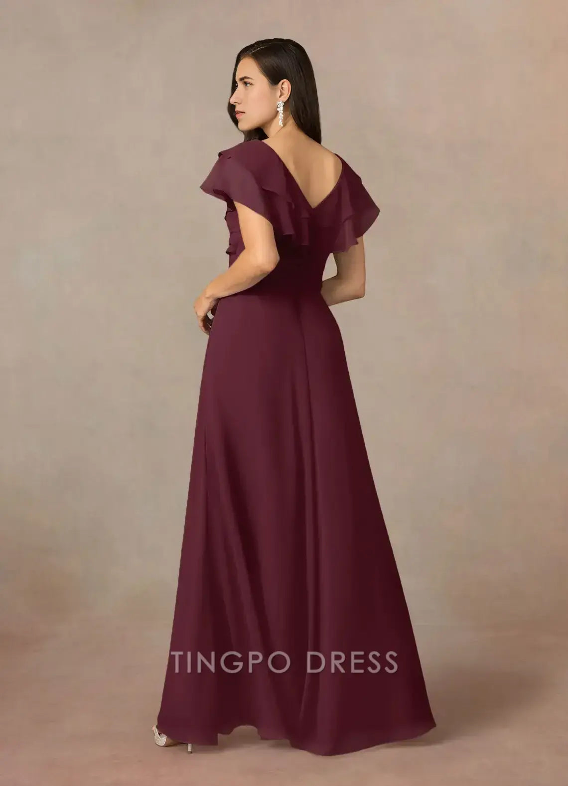 TingPo Wholesale Elegant Mother of the Bride Dresses Cabernet A-Line V-Neck Ruched Chiffon Dress hot sale for ladies